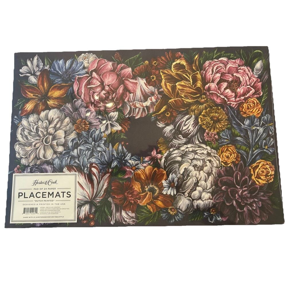 NEW‎ Hester & Cook Dutch Painted Multicolor Floral 24 Paper Pad Placemats USA